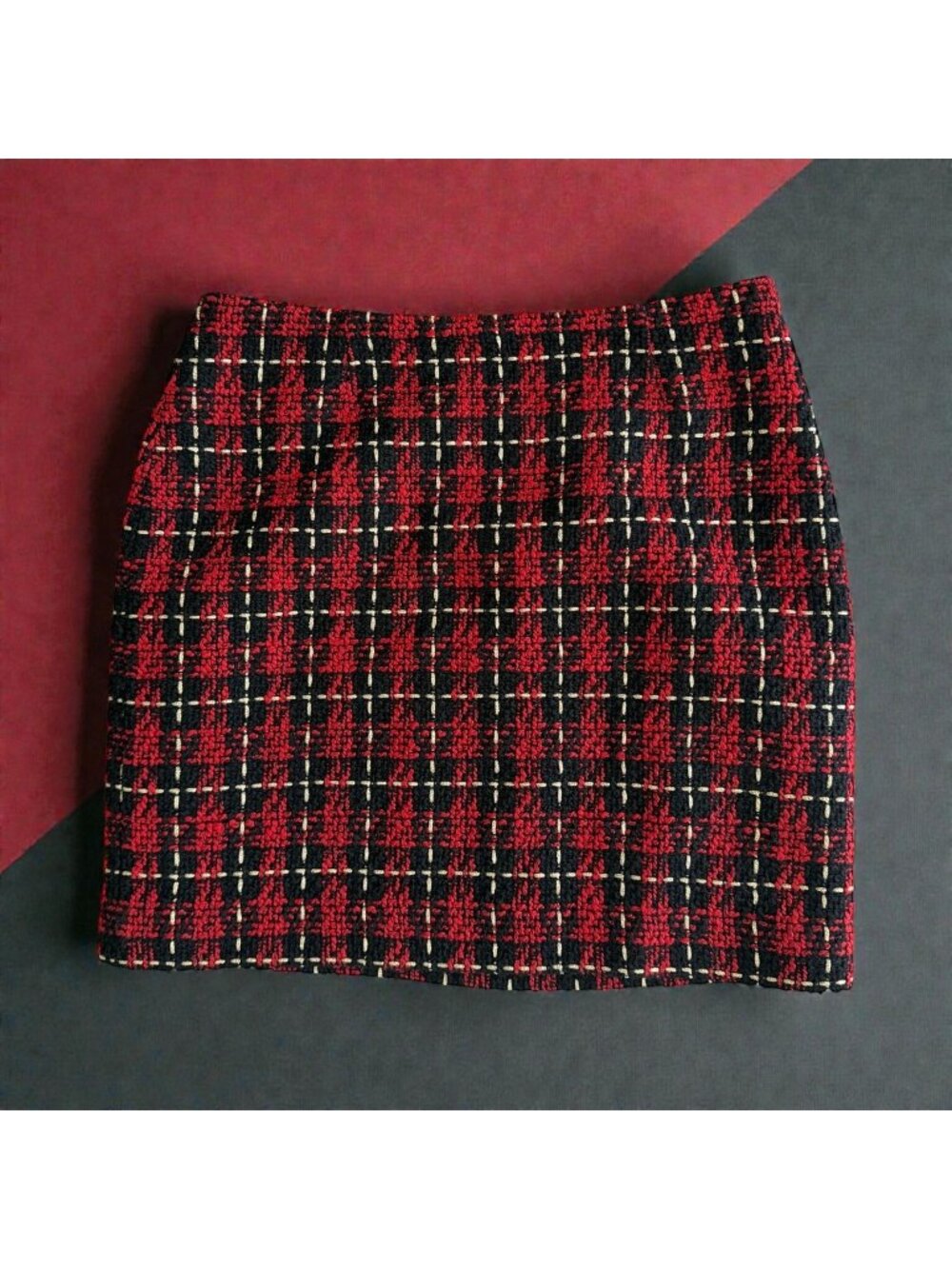 BOSTON PROPER Holiday Red Plaid Boucle Skirt Size 12 NEW NWOT